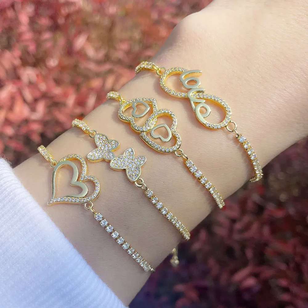 

Bracciale A Cuore Gold Plated Cubic Zircon Shiny Butterfly Heart Bracelet Bling Bling CZ Crystal Heart Bracelet