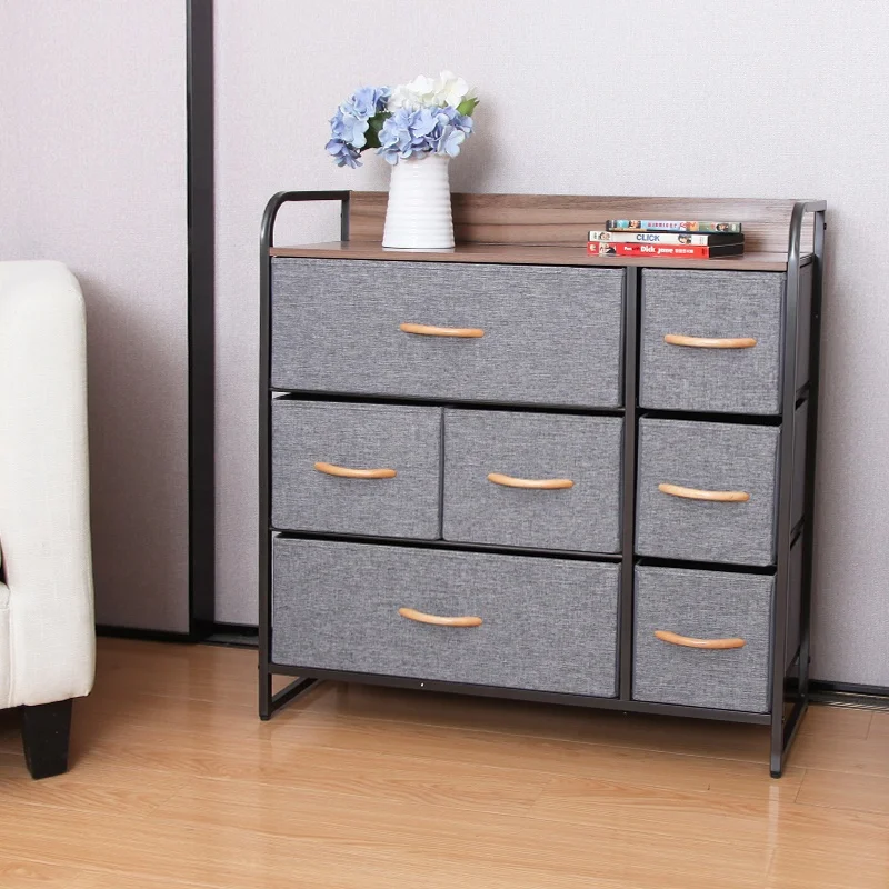 

Sturdy Steel Wooden Handle Fabric Dresser with 7 Drawers Storage Tower with Large Capacity for Bedroom Living Room & Closets