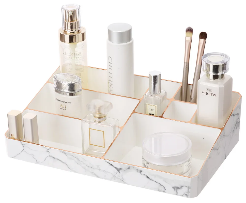 

PS Marble Rose Gold Makeup Organizer Large Capacity Fit for Cosmetic Brushes Palettes Lipsticks, White w/ marble printing and rose golden trim
