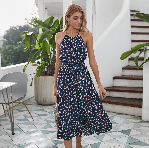 

Summer New Dress Polka Dot For Sexy Girl Halter Neck Dress Maxi Long Casual Dress