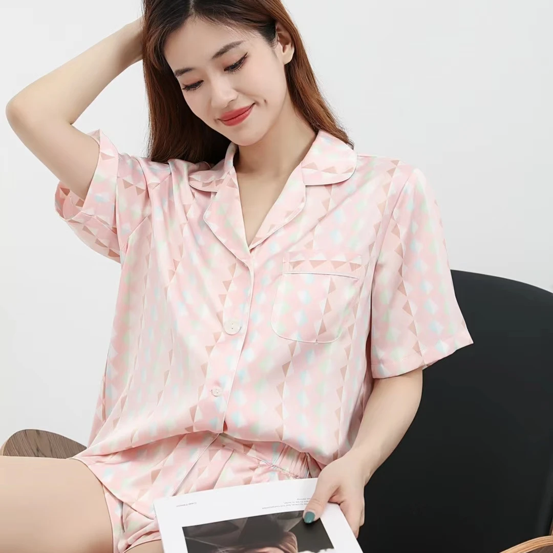

Hot style women ice silk pajamas set summer floral satin short pajama button down Silk pants Sleepwear