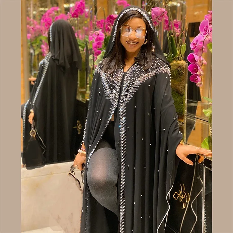 

Muslim Kaftan Abaya Dress Kimono Women Dubai Open Abayas Turkish Stones Chiffon Hooded Dress Elegant African Plus Size Boubou, Shown