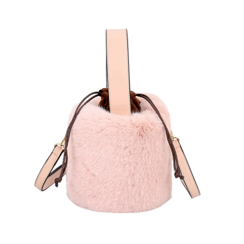 

Autumn and winter new plush bucket plush bag women 2020 new drawstring anti-theft one-shoulder messenger portable ladies bag, 4 colors