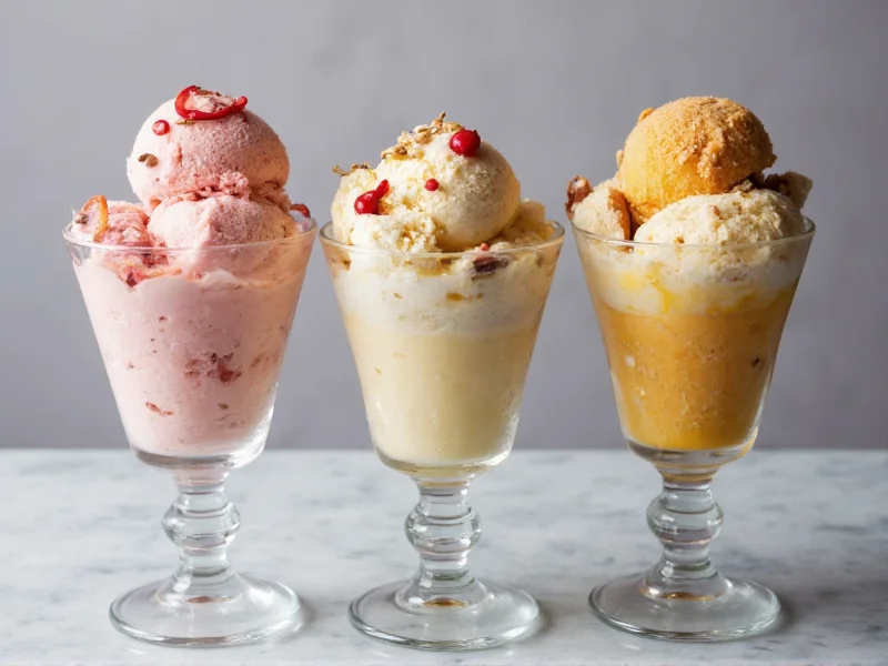 Three ice cream flavors in vintage glasses with toppings