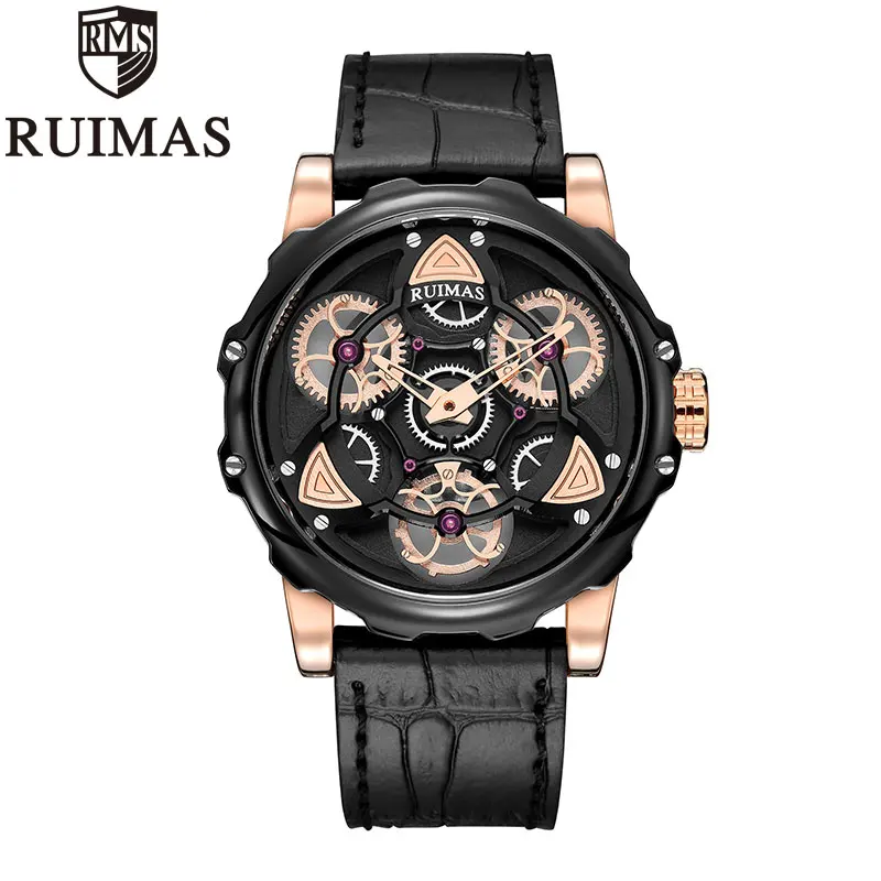 

RUIMAS RL526G Skeleton Men's Quartz Watch Creative Hollow Military Student Sports Wrist Watches Genuine Leather 30m Waterproof