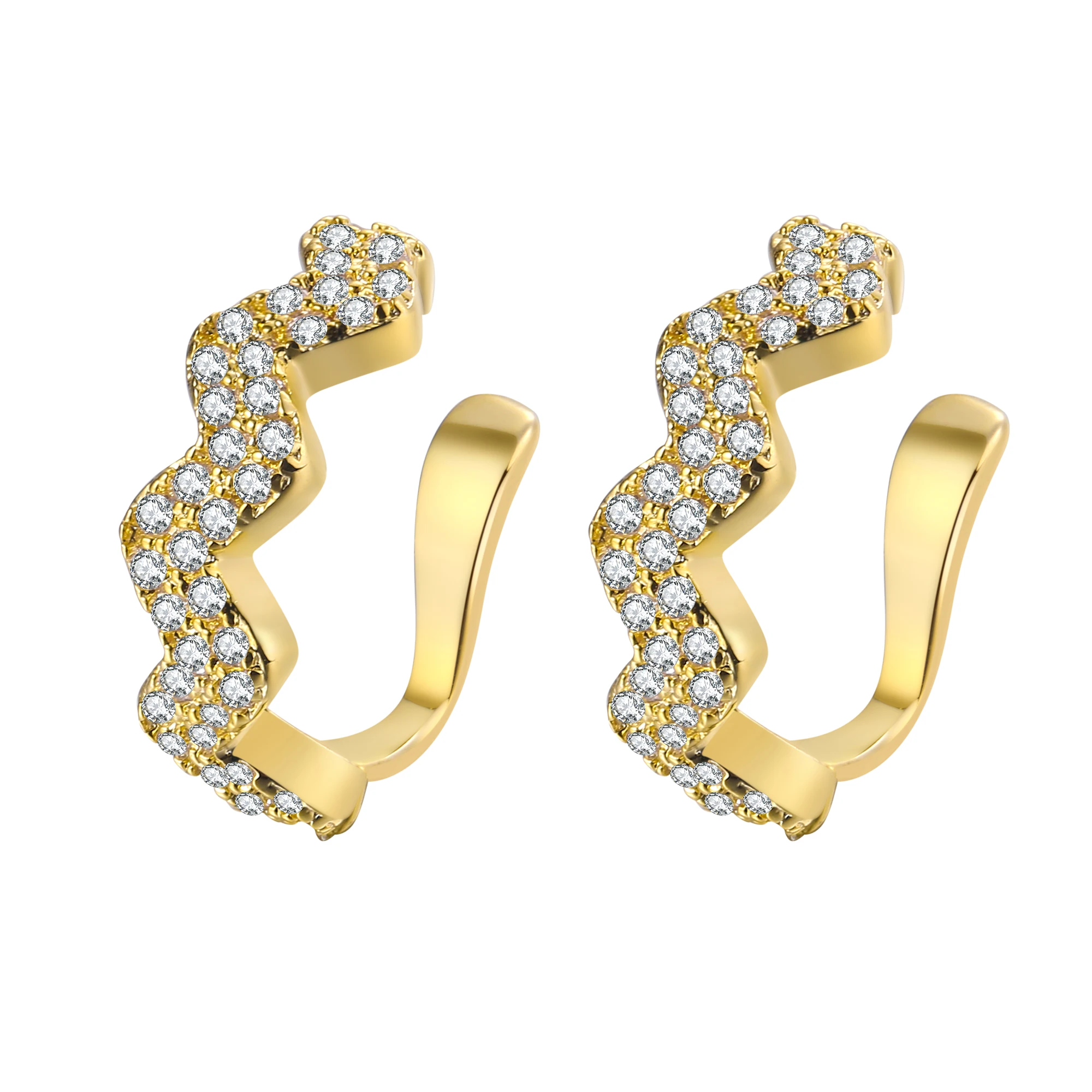 

Deluxe High Quality Wave Style Earrings Copper Plated 18K Zircon Rock Ear Clips for Women, Gold color