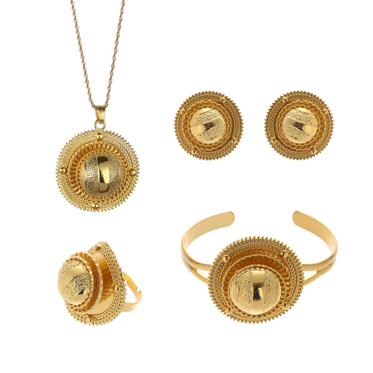 

Ethiopian Necklace Earring Ring Gold Jewelry Sets For Women African Eritrea Dubai Habesha Bridal Jewelry Set