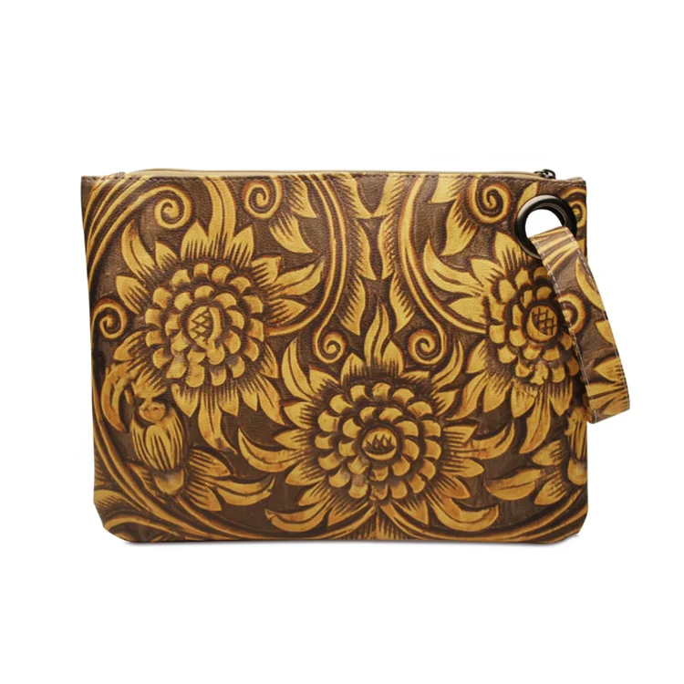 

Hot Sale Women Engraving Portable Wristlet Bag Vintage Boho Versatile Zipper Pu Leather Sunflower Print Clutch, As pictures