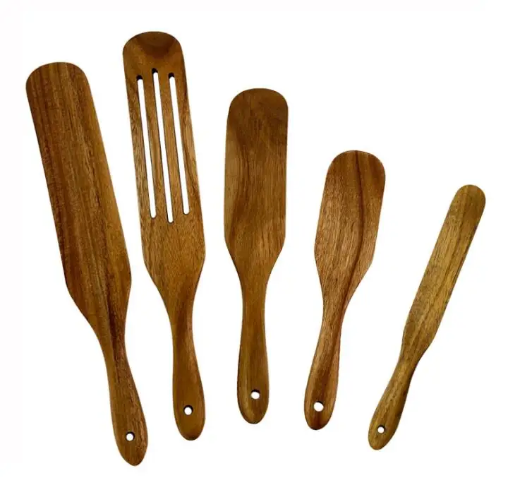 

Wooden Spurtle Kitchen Utensils Set, 5 Pcs Natural Teak Spurtle Kitchen Tools, Heat Resistance Non Stick Wood Cookware, Slotted