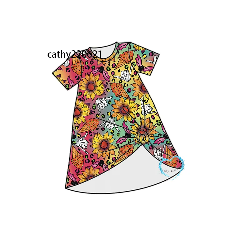 

custom Boutique Soft Summer Kids Dresses Western Style Halloween bones print floral leopard pattern Baby Girls T Shirt Dress
