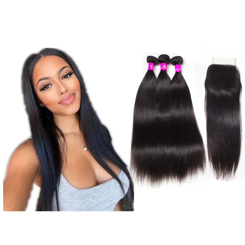 

bundles with closure Packet Human Hair Cuticle Aligned Straight Hair Virgin Human Hair 3 Bundles With Lace Frontal Closure, Natural color