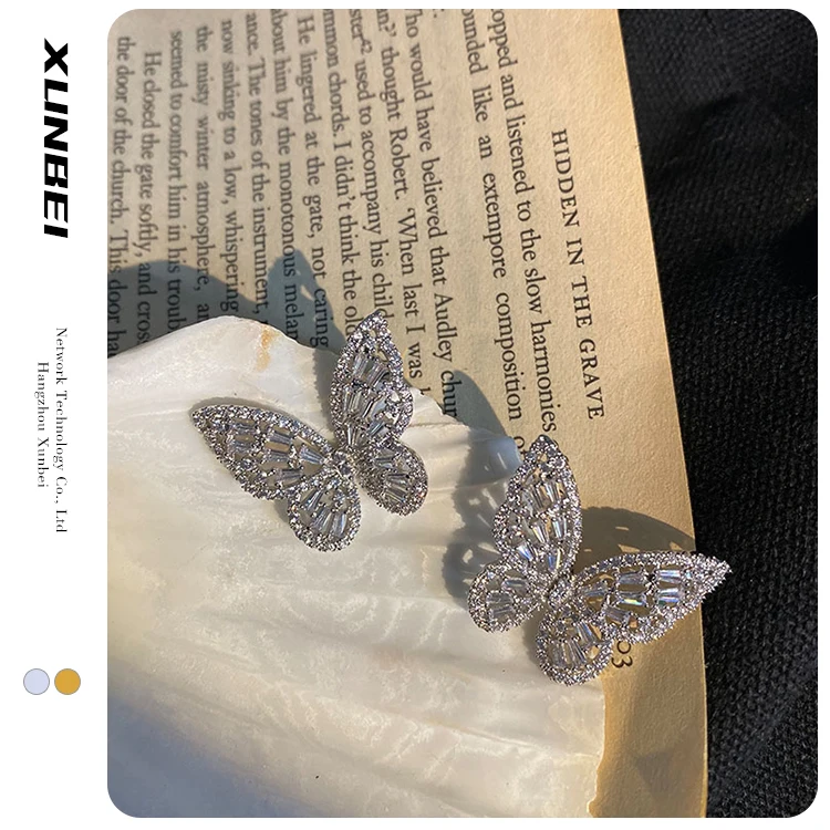 

2021 wholesale fashion trendy hot sale shiny bling gold 925 silver plated needle zircon butterfly stud jewelry women's earrings