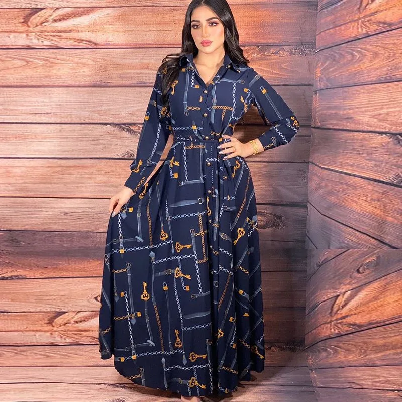 

New Arrival French Elegant Dresses Women Summer Retro Print Muslim Dubai Abaya Lapel Single-breasted Long Sleeve Shirt Dress, As pictures