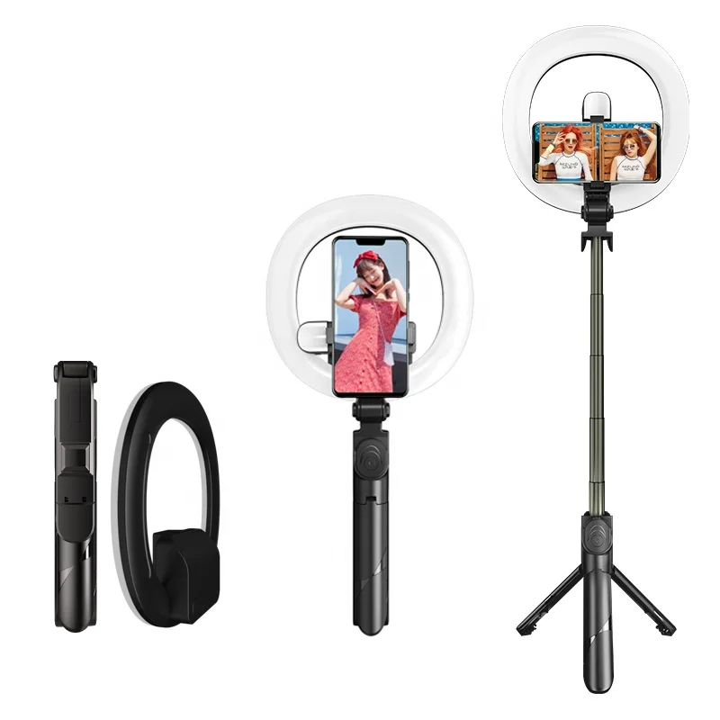 

Hot Xt18S Portable Bluetooth Remote Removable 6" Ring Light Tripod Selfie Stick With Two Fill Lights, Black white