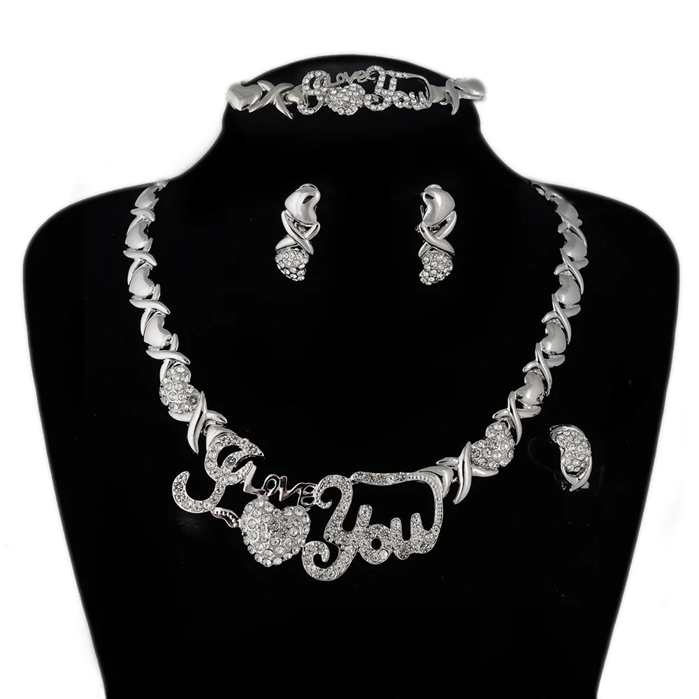 

BPOYB I Love You XOXO Silver Jewelry Sets Crystal Necklace Earrings Fashion Bridal Jewelry Sets Nigerian Woman Accessories