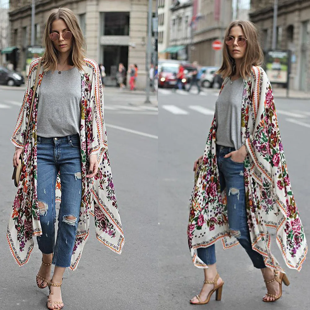 

Women Loose Floral Print Blouse Summer Casual Boho Chiffon Coat Shawl Kimono Cardigan Tops Plus Size 5XL