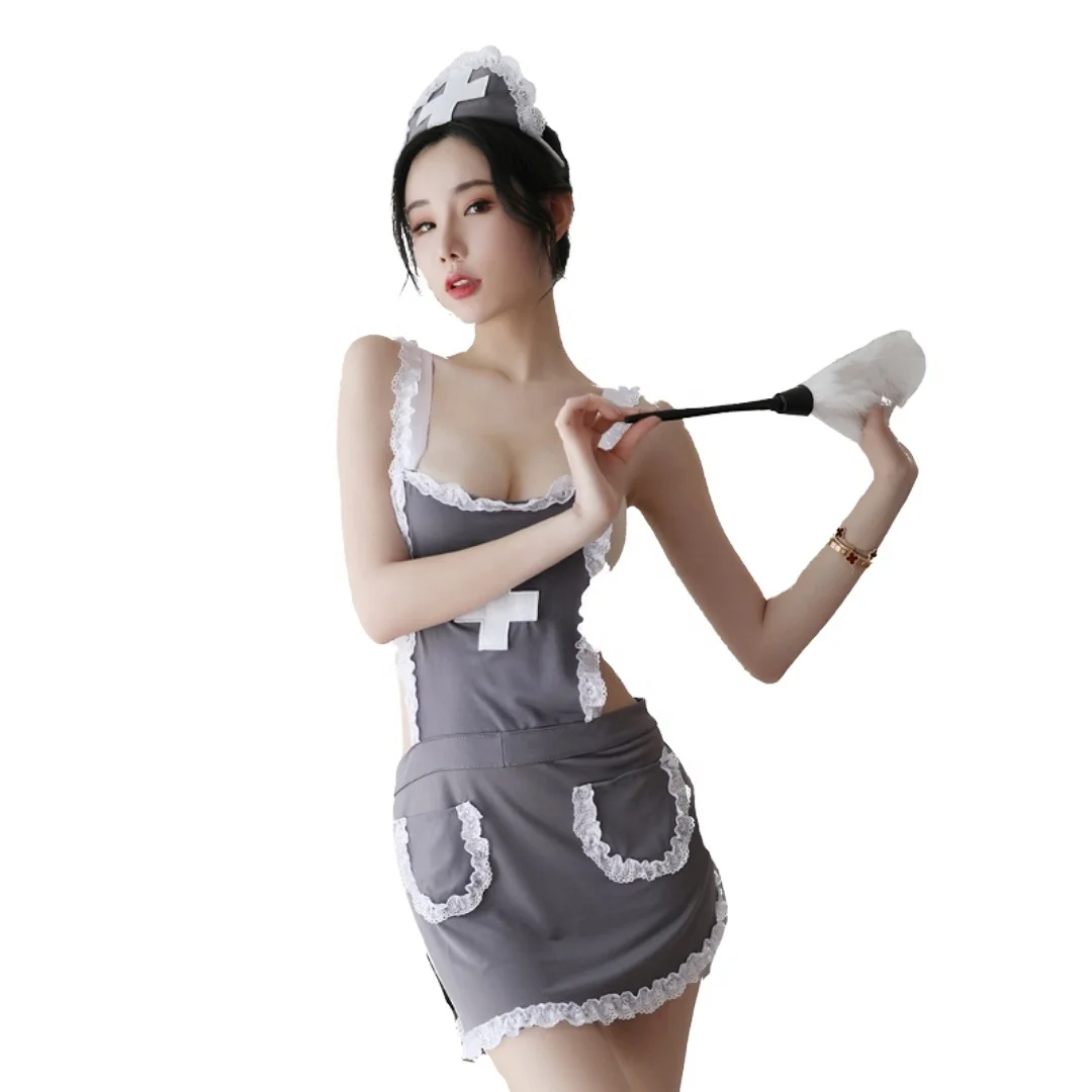 

2021 new nurse dress lace double shoulder suspender backless skirt sexy lingerie with hat, Gray