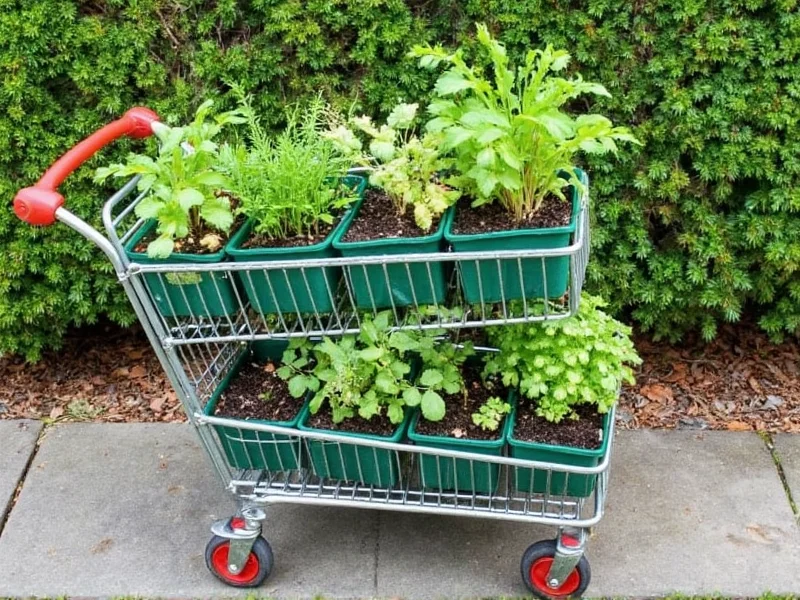 Shopping cart converted into tiered garden planters with herbs