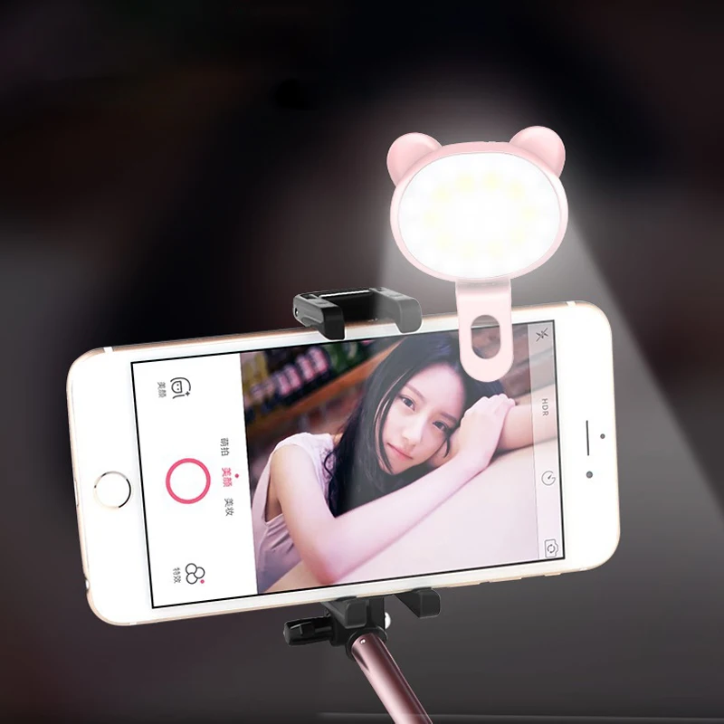 

50% Off Bear Ring Shaped Built-In Battery 32 LED Lights Selfie 360 Degree Rotation Ring Light For Cell Phone, Pink green orange