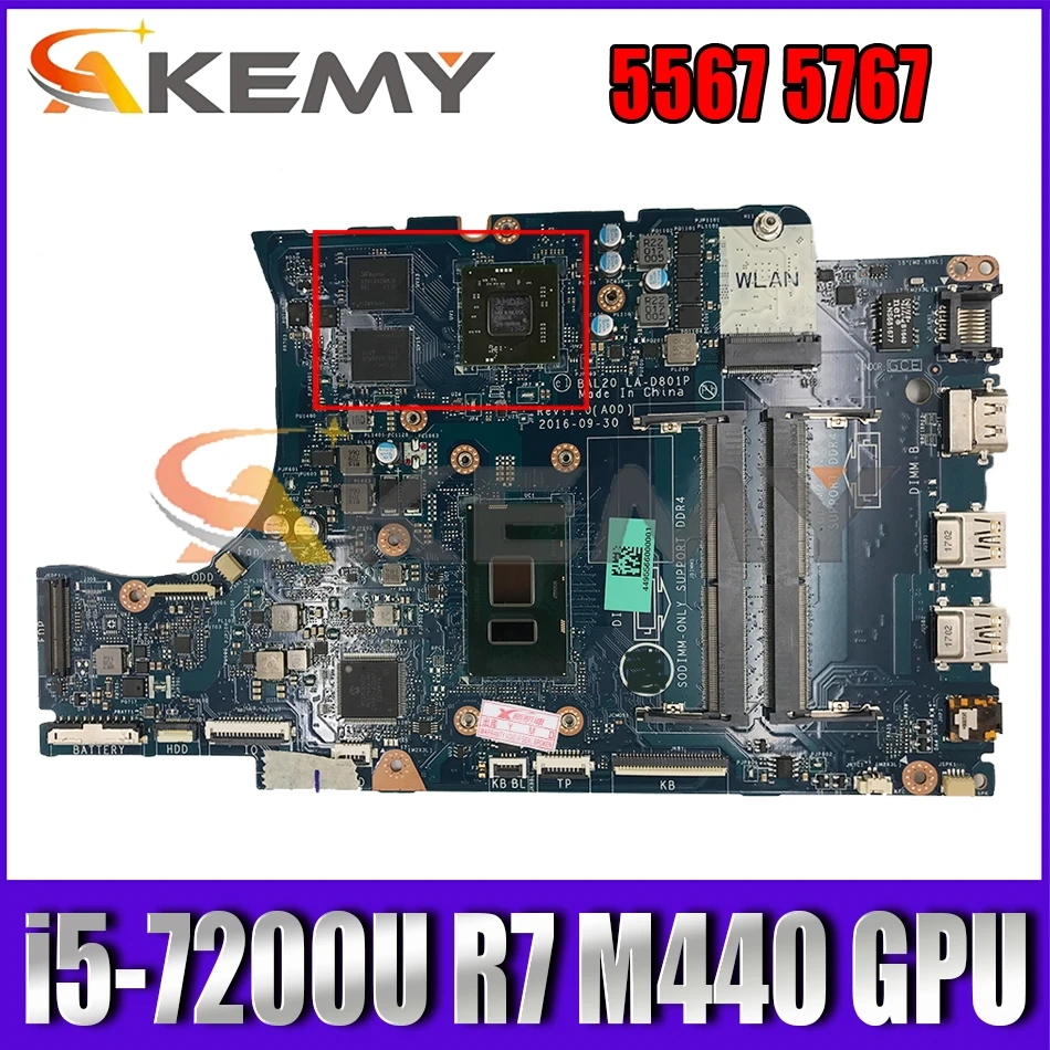 

BAL20 LA-D801P Mainboard For 5567 5767 Laptop Motherboard CN-0KFWK9 0KFWK9 With i5-7200U R7 M440 GPU 100% Tested