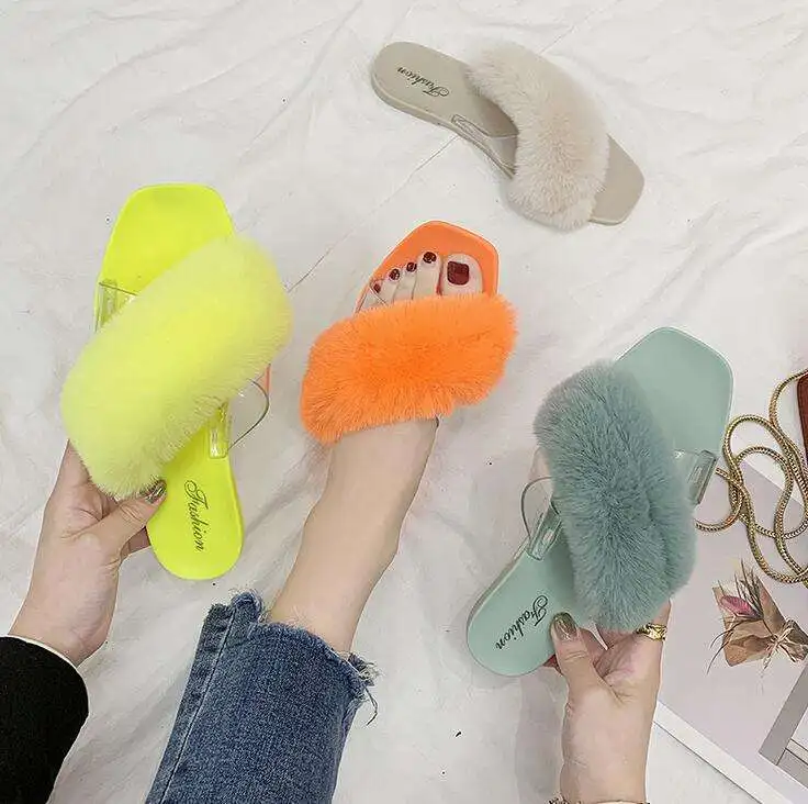 

2020 Wholesale New products shoes Women Fur Slides, Warm Soft Ladies Fox Fur Slide Flat Slippers, White geen brown pink