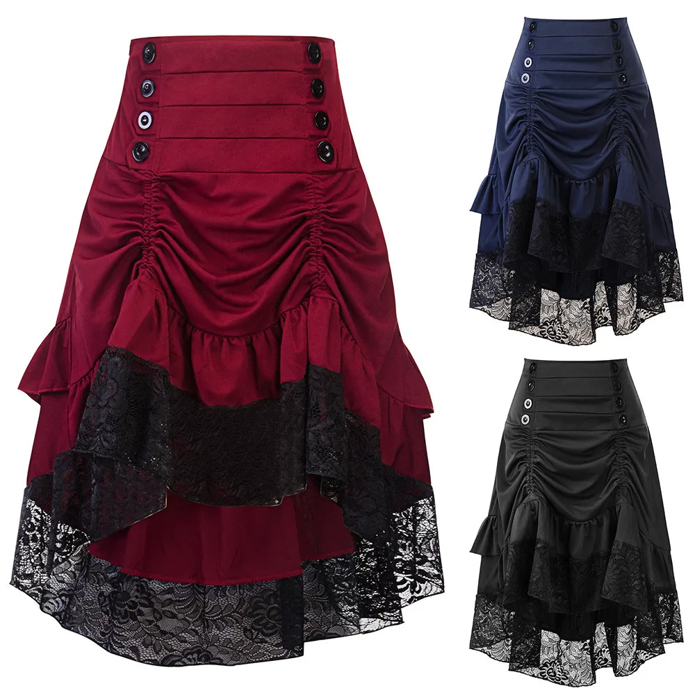 

Coldker Costumes punk Gothic Skirt Lace Women Clothing High Low Ruffle Party Skirts Lolita Red Medieval Victorian Gothic Skirt, Picture color