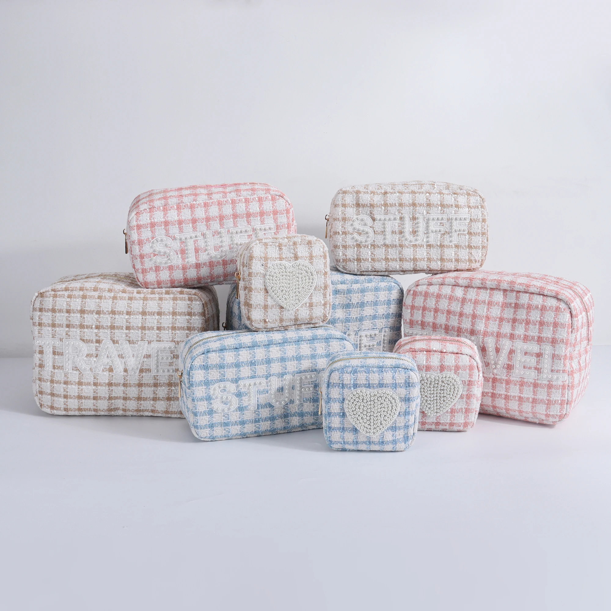 Best Seller Factory Custom Embroidery Initial Travel Organizer Tweed Checkered Makeup Pouch Cosmetic Bags Cases