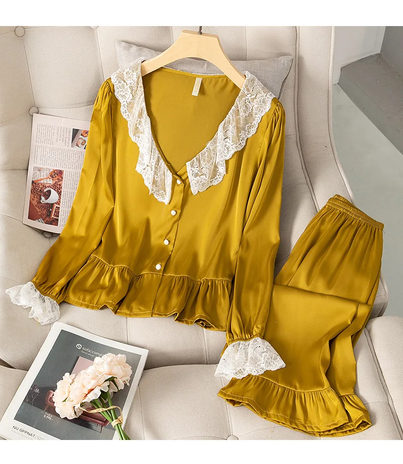

V-neck Sleepwear Women 2PCS Pajamas Set Faux Silk Nightwear Casual Soft Pijamas Lounge Wear for Woman, Yellow, white, blue, black