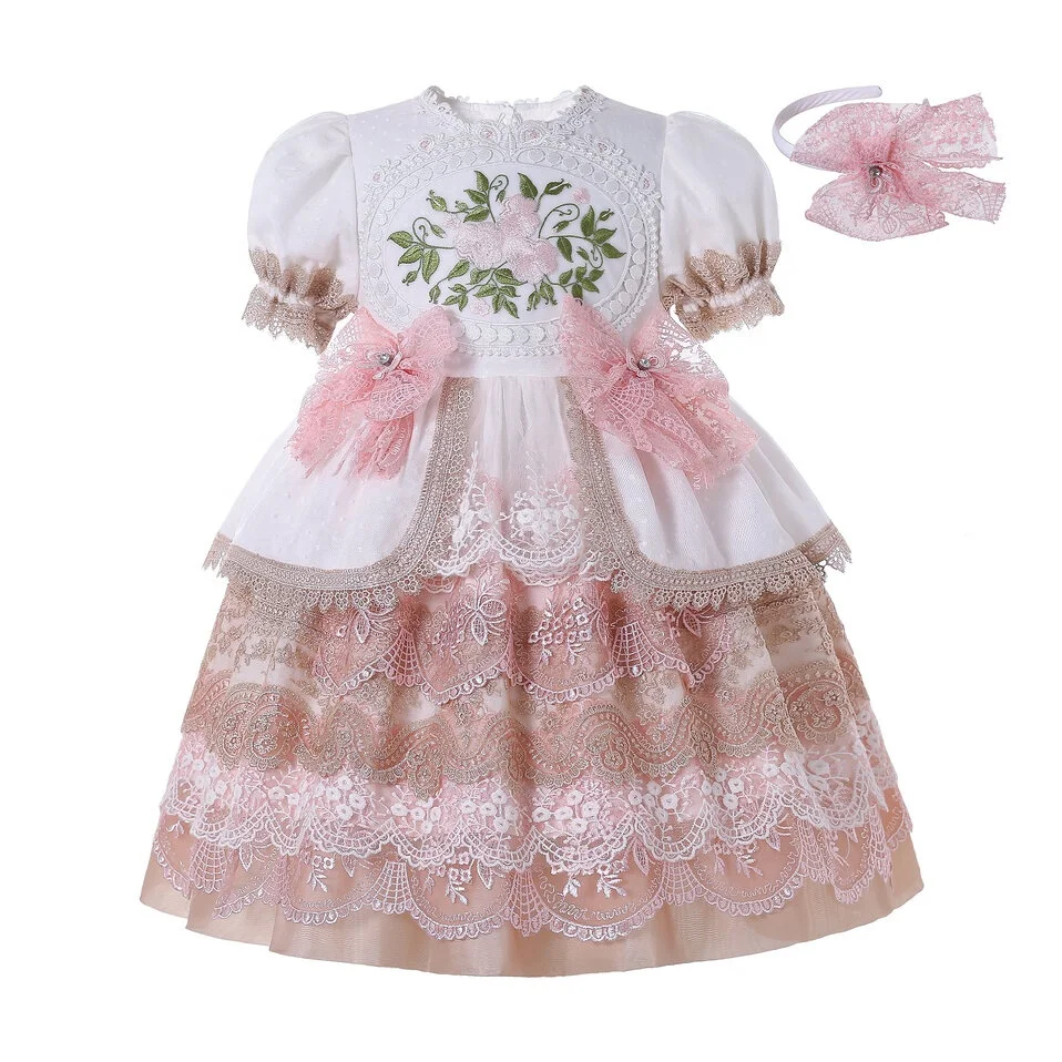 

Pettigirl Pink Baby Girl EID Holiday Dresses With Facy Emboridery Summer Little Girls Holiday Dresses with Top Grade Lace