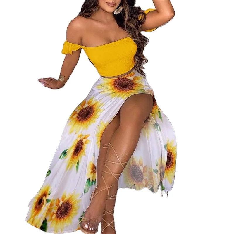 

Summer Women Elegant Two Pieces Sets Cropped Top & Split Skirt Temperament Drop-shoulder Frilled Top and High Waist Split Dress