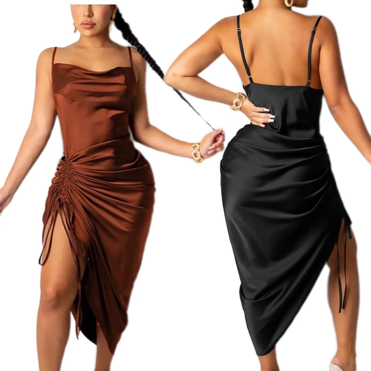 

custom logo new casual women clothing brown silk satin pleated dress