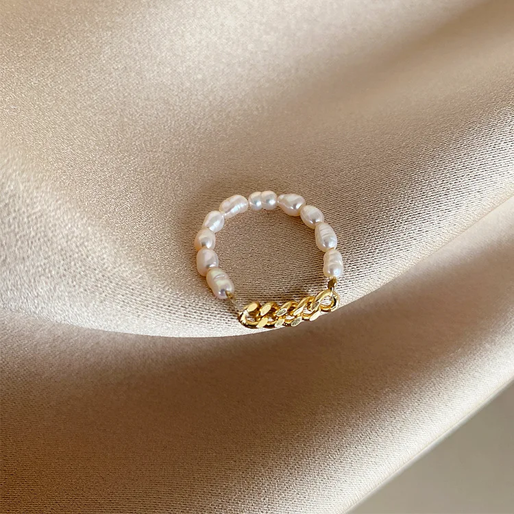 

Anillo De Perlas Gold Plated Women Jewelry Niche Freshwater Pearl Zircon Chain Plain Ring Female Simple Versatile Finger Ring