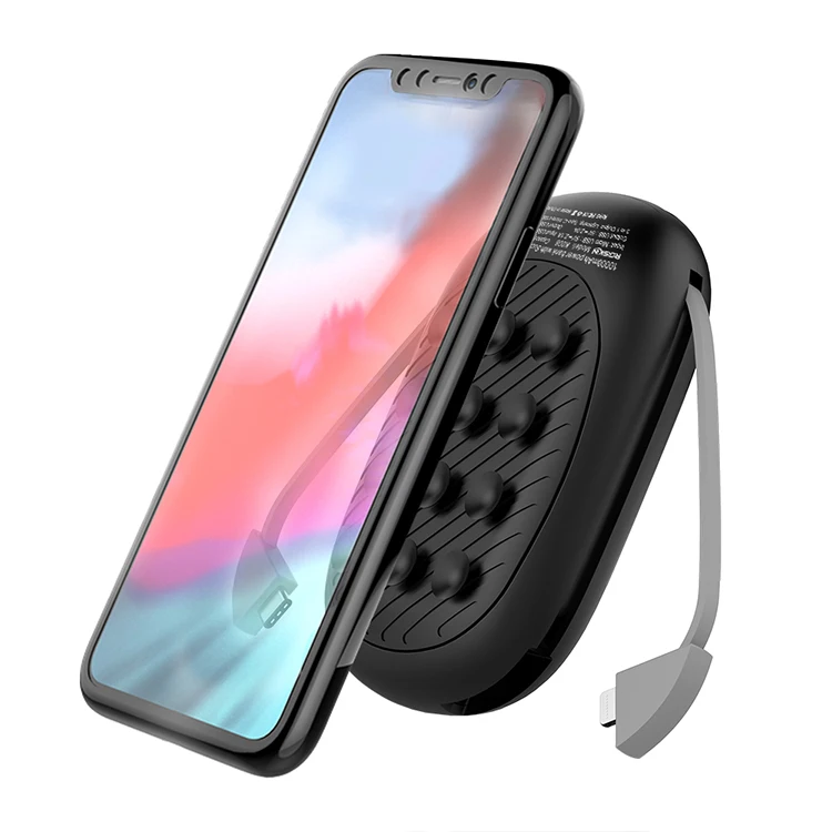 

Mini smart portable wireless 10000mah power bank built-in 2 in 1 usb lightening cable with suction cup for iphone 11 pro max, Balck