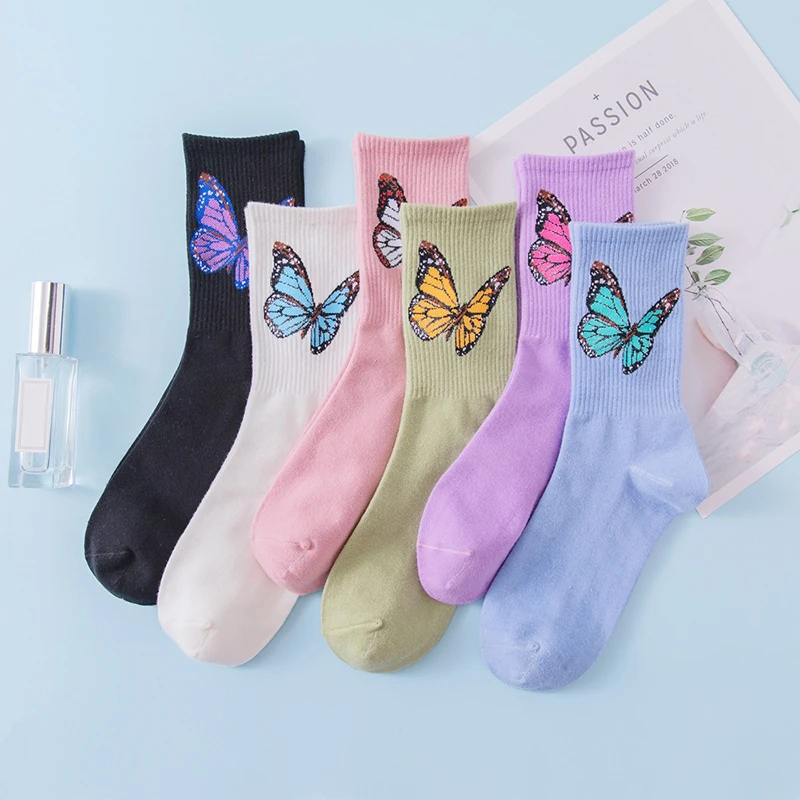 

JULY'S SONG Japanese Butterfly Pattern Women Socks Autumn Winter Combed Cotton Mid-calf Socks Fashion Solid Comfortable Socks, Black, purple, white, green, blue, pink