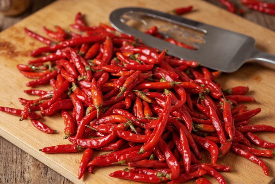 Close-up of dried Er Jing Tiao chilies arranged on bamboo cutting board with traditional Chinese cooking utensils