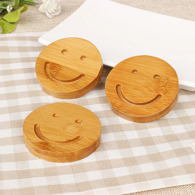 

100% Natural Bamboo Tea Round Smiling Face Cup Placemat Personalized Cute Bamboo Coasters For Coffee Table