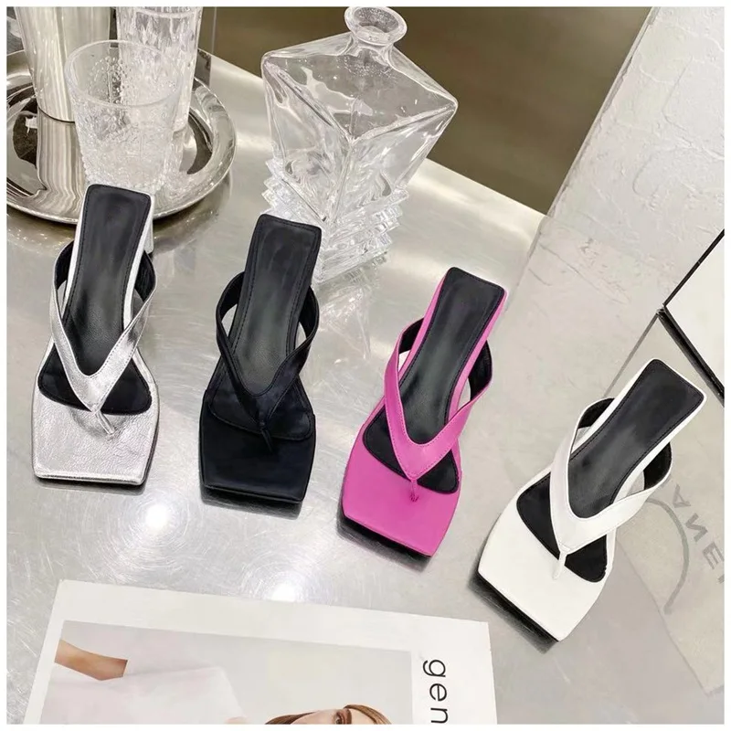 

Square Heel Women Flip Flop 2021 New Summer Beach Ladies Slipper Bohemian Female Sandal Med Heel Slip On Slides, As pictures