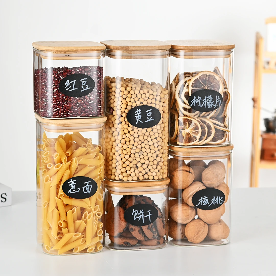 6pcs Household Kitchen Square High Borosilicate Glass Storage Jar Set With Bamboo Lid