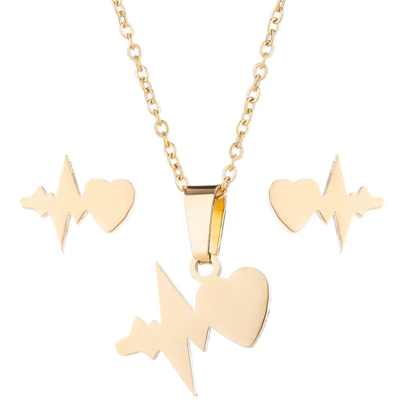 

Special Gifts Jewelry Stainless Steel Heartbeat Gold Heart Necklace Earrings Jewelry Set, Gold, silver
