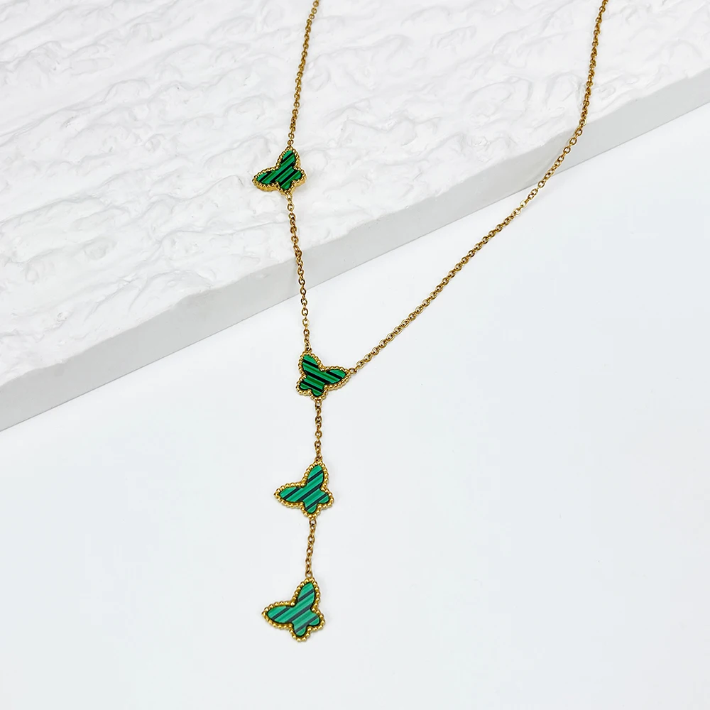 

N0549 new design 18k gold plated oval chain necklace women malachite green butterfly stainless steel necklaces delicate jewelry, Gold/green
