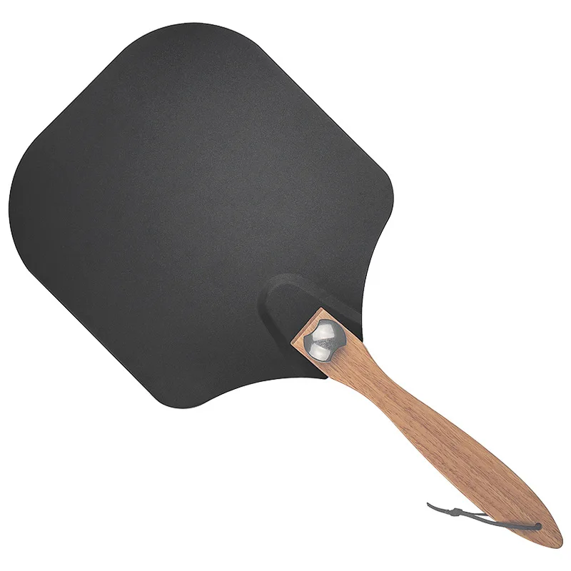 

Amazon Hot Sale Turning Non Stick Pizza Shovel Black Coating Aluminium Pizza Peel Paddle With Folding Wooden Handle