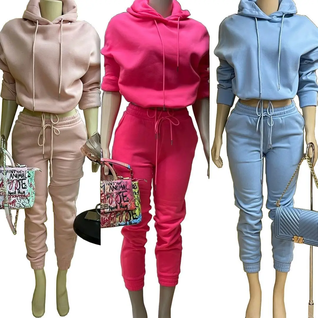 

2021 Women Winter Wear Women Hooded Hoodies Pants Solid Tracksuit Sweatshirt Sweat Suit Sweatshirts Two Piece Set For Women