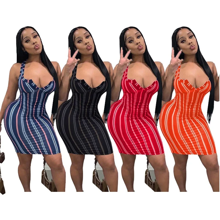 

2021 Summer New Ladies Print Stripe V Neck Sleeveless Casual Dress Women Sling Bodycon Dress Girls' Dresses