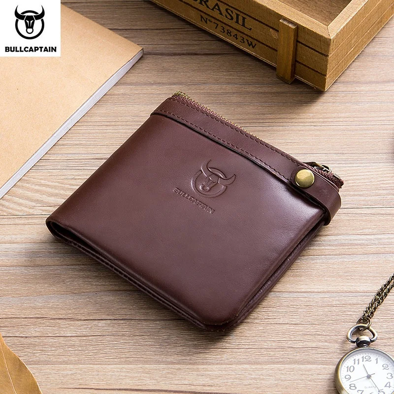 

BULLCAPTAIN Genuine Leather Mens Wallet Anti-theft Button Short RFID Multi Card Holder Purse with Zipper Pocket