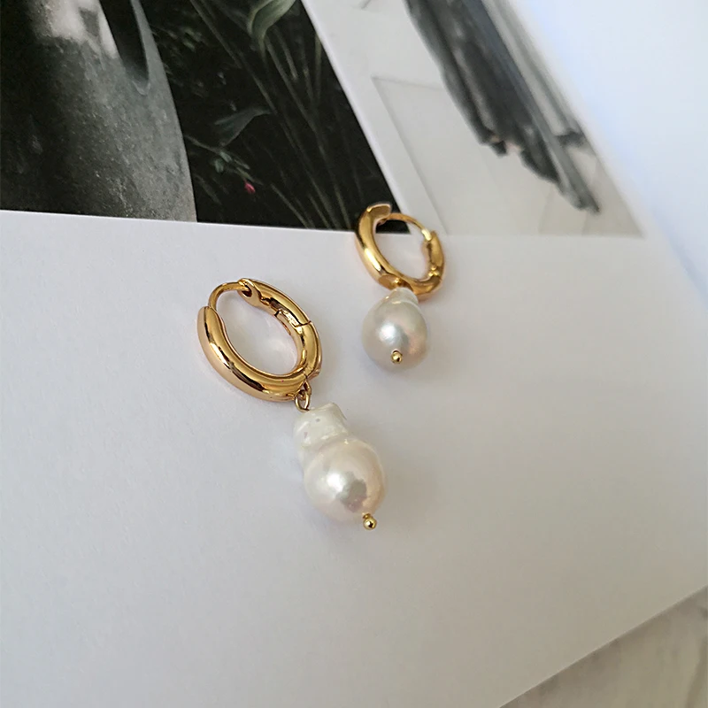 Small circle large white pearl earrings for women pearl charm Gold hoops with  Natural Baroque freshwater Drop  Pearls Pearl Hoop Earning