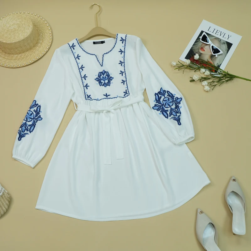 

New Women's Fashion Casual Embroidered Bohemian Style Long Sleeve Flower Dress, White/khaki/pink/blue