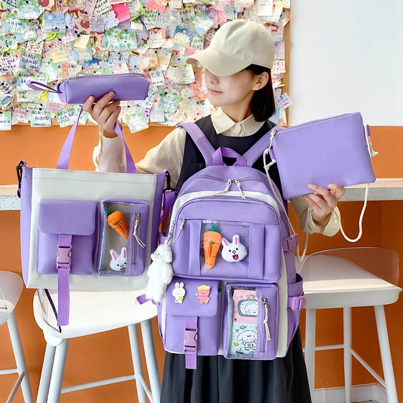 

4 Pcs Sets Canvas School Backpack Kawaii Women's Backpack Bookbag School Bags for Teens Girls Mochila