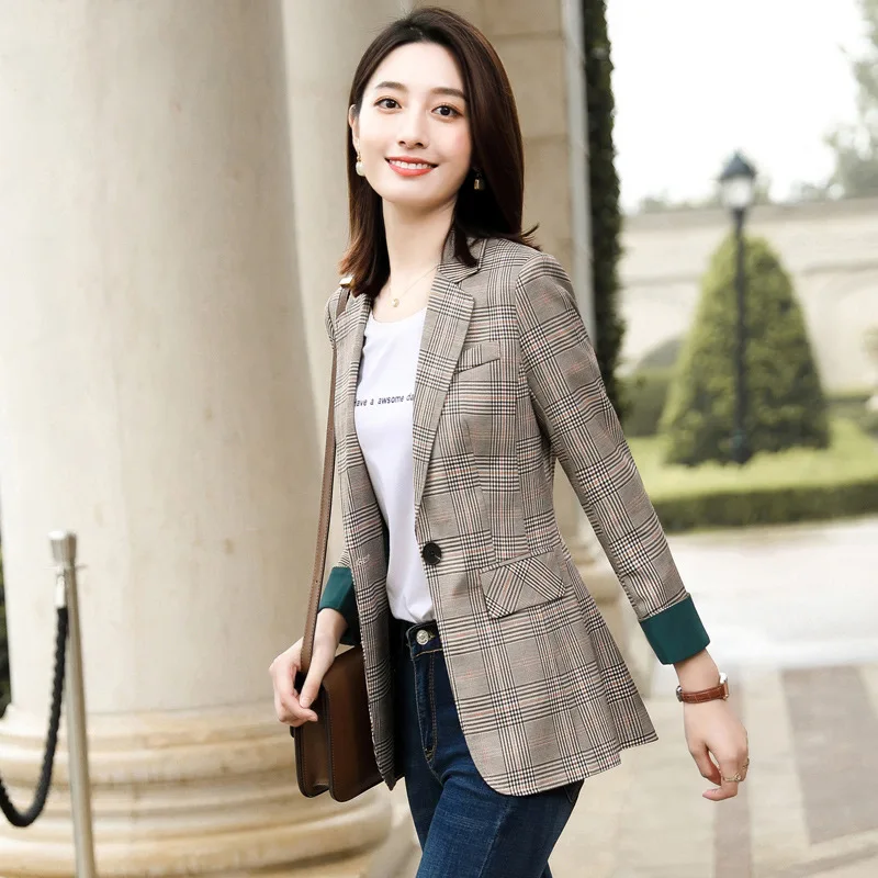

Latest Design Women Fashion Plaid Blazer Elegant Coat Suit Long Sleeve Turn Down Collar Jacket Leisure British Style Suit