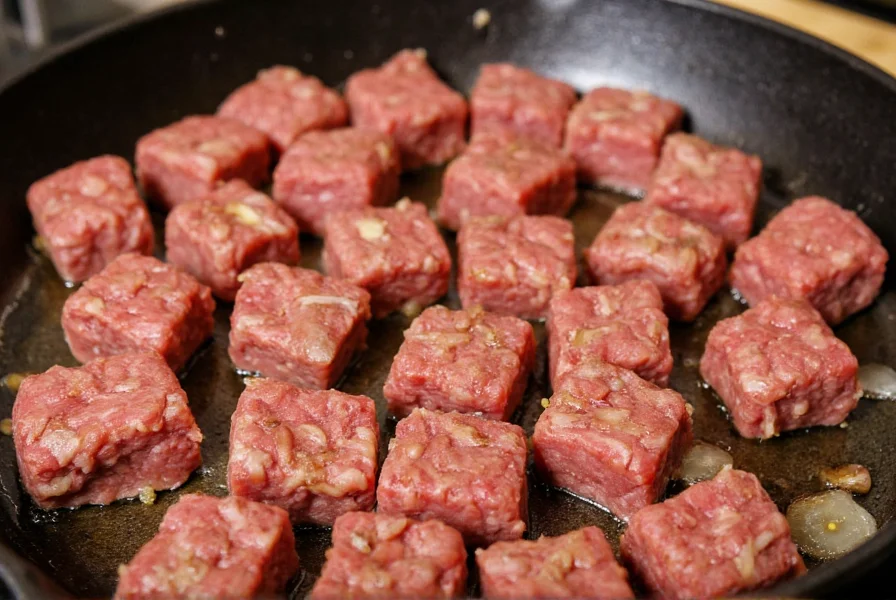 Close-up of perfectly seared stew meat cubes browning in cast iron skillet with onions and garlic