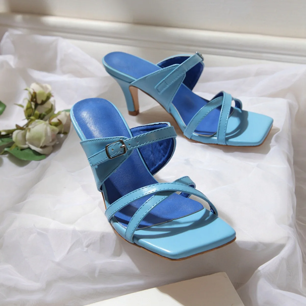

Factory Sale Office Lady Heeled Sandals Light Blue Large Size Elegant Women Slippers Square Head Hollow Out Strap Summer Shoes